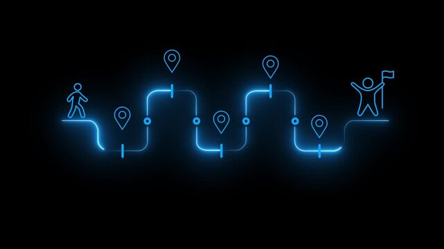 Career Path, Career Journey Concept. neon points toward the final destination, representing planning, ambition and strategic career development. Success roadmap journey, milestone or career path.4k