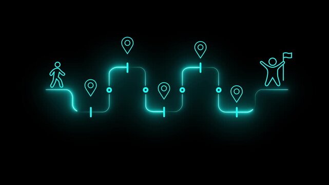 Career Path, Career Journey Concept. neon points toward the final destination, representing planning, ambition and strategic career development. Success roadmap journey, milestone or career path.4k