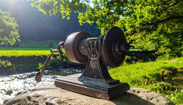 An antique hand-operated grain grinding stone tool positioned outdoors with lush greenery and sunlight.