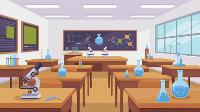 A well-equipped school science laboratory featuring rows of wooden desks with microscopes and glass beakers under bright overhead ceiling lights.