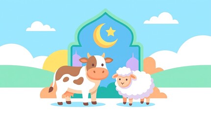 Fototapeta premium Eid alAdha Celebration Adorable Cow and Sheep Illustration with Mosque and Crescent.
