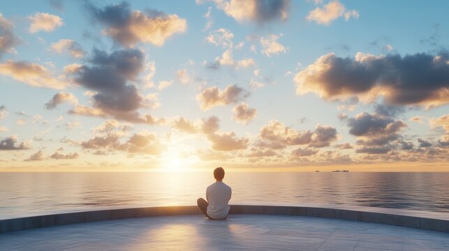 Person sitting on dock facing sunset over calm ocean with clouds