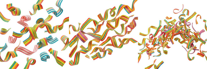 Obraz premium Set of Three Colorful Rainbow Paper Streamers and Confetti Falling Isolated on White Background for Party and Celebration