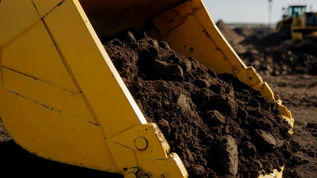 Close-up of a yellow loader bucket filled with dark soil. Heavy machinery holding excavated dirt on a construction site. Earthmoving equipment detail