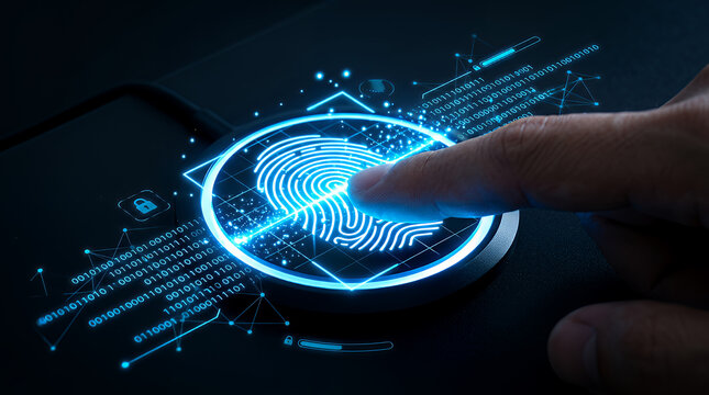 Fingerprint scanner interface glows with digital biometric data as a human finger presses against the sensor, illustrating advanced cybersecurity and modern identity verification technology systems.