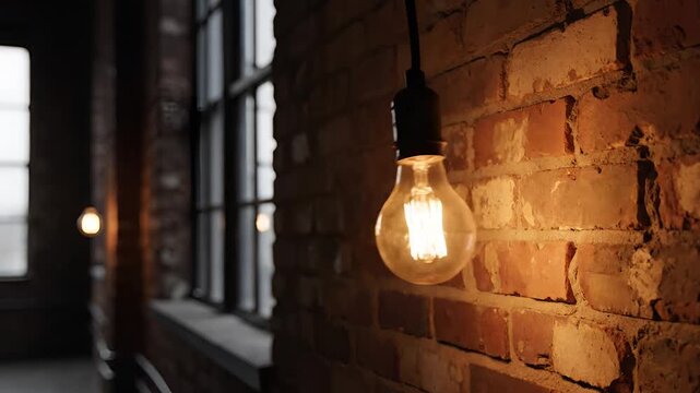 Vintage Edison Bulb Illuminates Rustic Brick Wall in Industrial Loft.