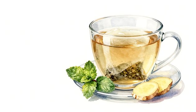 Ginger tea in clear cup with mint leaves and slice of ginger  