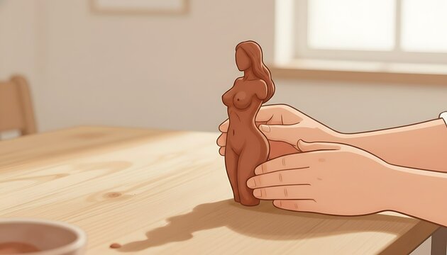Hands molding a clay figurine of a nude woman on a wooden table  