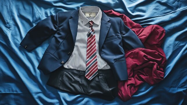 Disorganized school uniform with blazer, shirt, tie, skirt on bedsheet