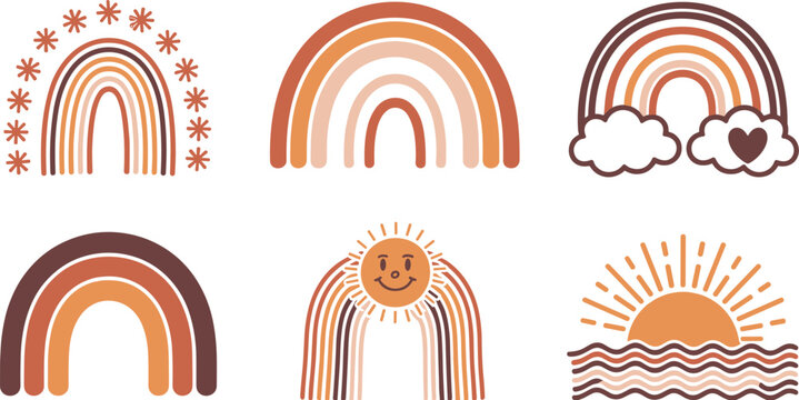 Boho rainbow and sun illustrations set clouds heart