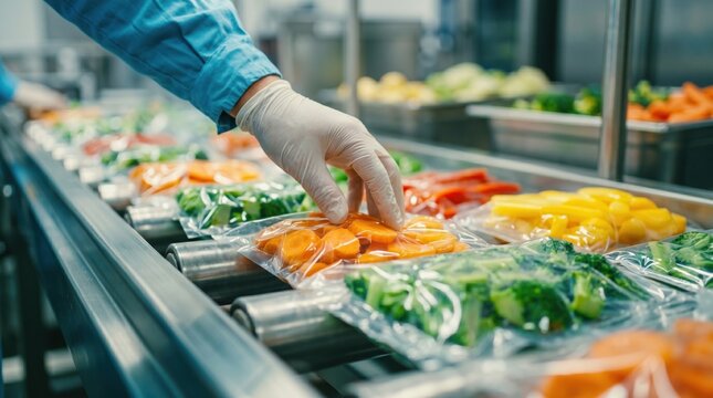 Worker in gloves checking vacuum packed fresh vegetables on a conveyor belt in a food factory
