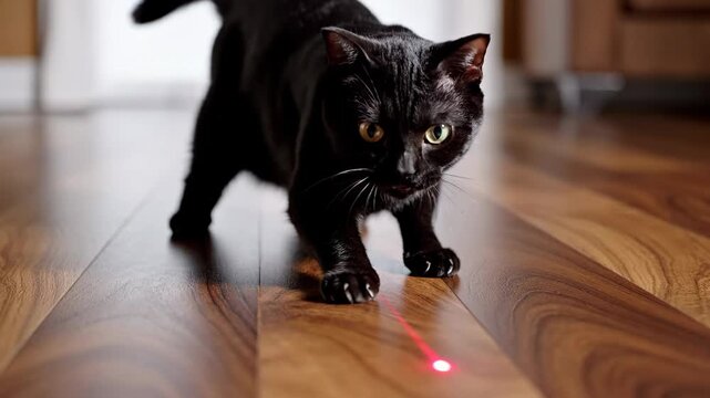 Black cat chasing a red laser pointer dot on a wooden floor. Playful feline hunting and pouncing on a light toy. Pet lifestyle and entertainment concept