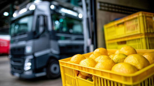 Yellow crates filled with fresh lemons near a delivery truck, showing produce transport, food logistics, and grocery supply chain