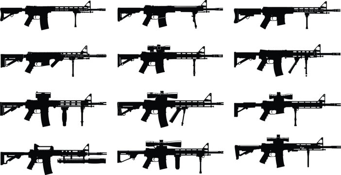 Cartoon rifle silhouette icons with variations and attachments representing weapon and military symbol vector illustration