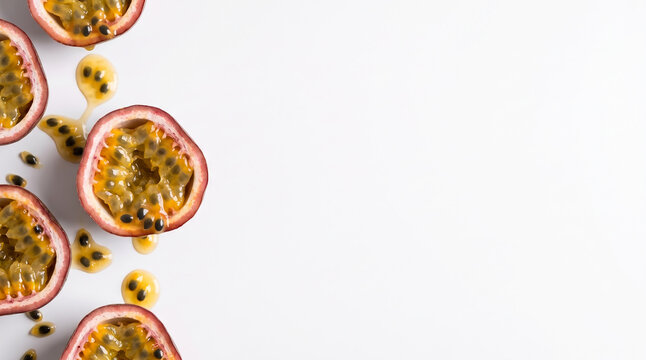 Organic fresh passion fruit halves with golden syrup drips and black seeds scattering on the far left of a white background with large copy space