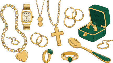 Vector illustration of assorted gold jewelry including necklaces, rings, earrings, wristwatch, spoon, and gemstone accessories © Creative Stoker