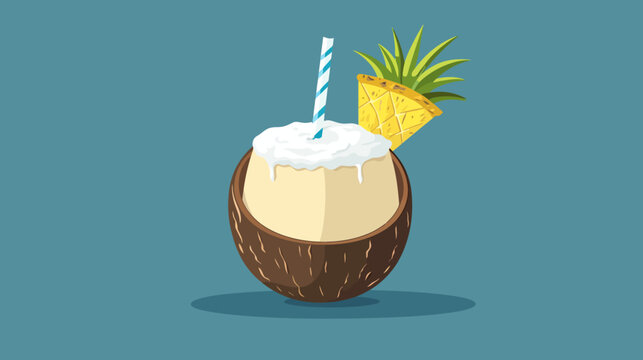 Coconut drink with whipped cream, pineapple, and straw on blue background