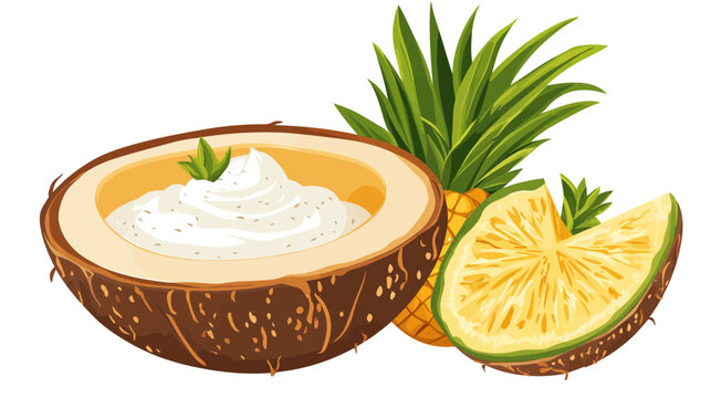 Illustration of a halved coconut with coconut cream, a pineapple, and pineapple slices