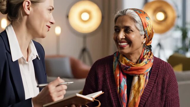 Professional woman interviewing a senior woman with a headscarf. Consultation and social service meeting. Diverse communication and support concept
