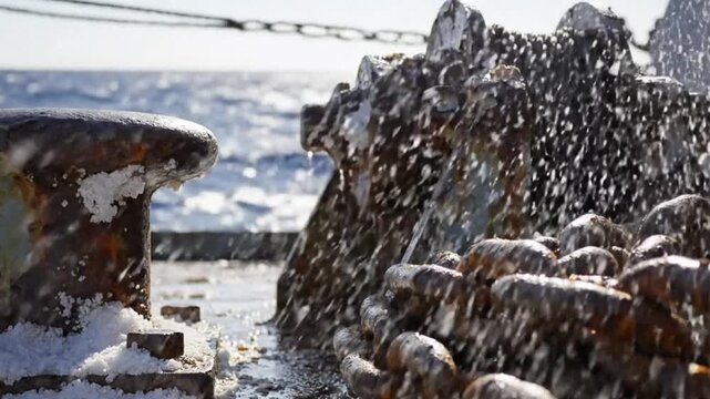 Close Up Ship Deck Machinery with Rusted Chains and Ocean Spray in Bright Daylight