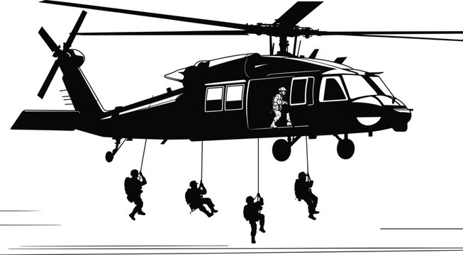 Vector illustration of helicopter silhouette with soldiers rappelling on ropes during military or rescue aerial operation