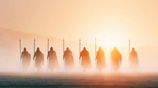 Silhouettes of crusader knights marching toward sunrise with spears and shields