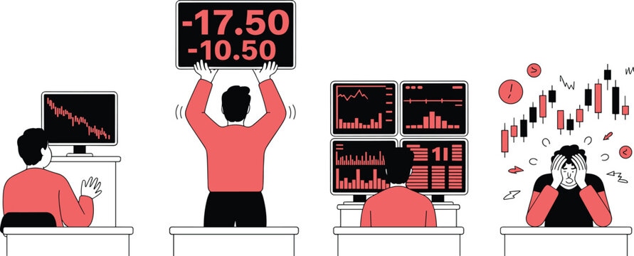 Vector illustration of stressed traders at desks with monitors showing financial charts and losses in red tones