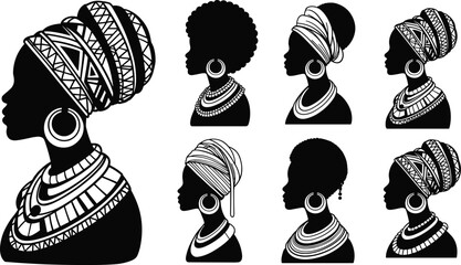Vector illustration of women silhouettes with traditional African headwraps, hoop earrings, and layered necklaces in profile view © Creative Stoker