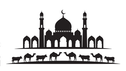 Mosque silhouette with domes and minarets and camels cows walking in front featuring architecture, islamic, religious with building and animals © Davids