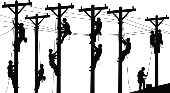 Vector illustration of utility workers climbing telephone poles with safety harnesses and overhead wires in silhouette style