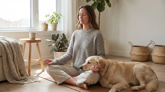 Copy space woman meditating beside golden retriever in calm living room with plants and warm sunlight for wellness relaxation