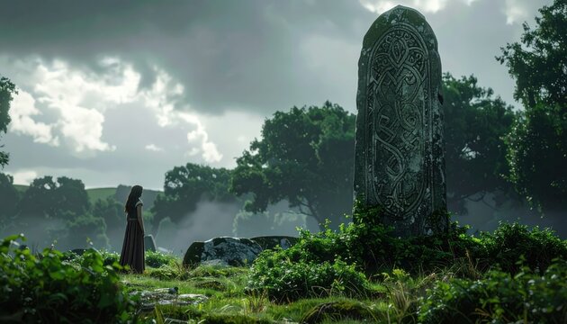 Ancient Celtic Ogham inscription on a standing stone monument in a misty, atmospheric landscape