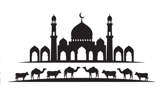 Mosque silhouette with domes and minarets and camels cows walking in front featuring architecture, islamic, religious with building and animals