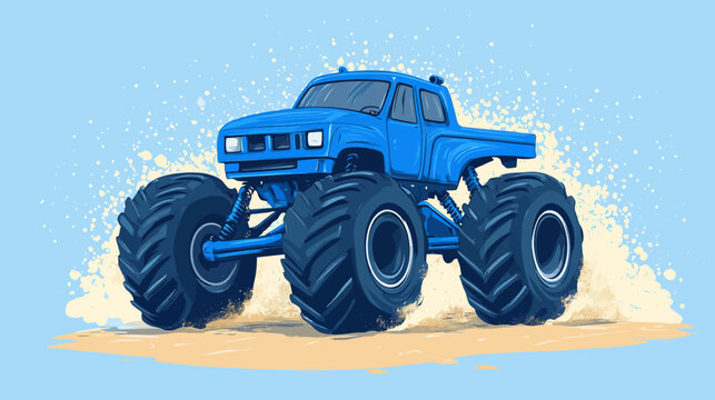 Blue monster truck with oversized tires driving on sandy surface