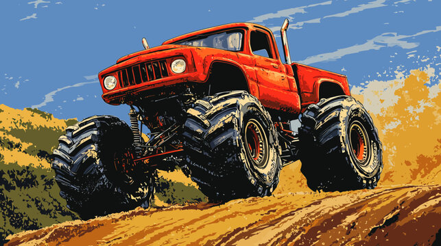 Off-road truck navigating rugged terrain with large tires