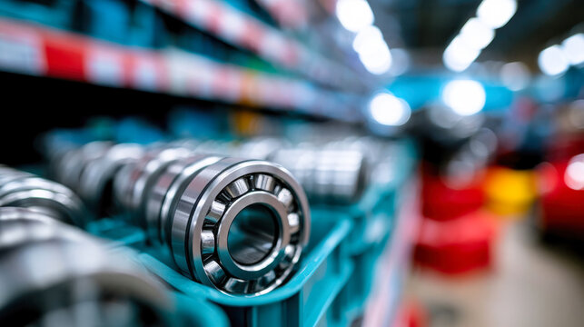 Closeup of industrial bearings and metal shafts in storage bins, precision engineering, machinery parts and manufacturing supply concept