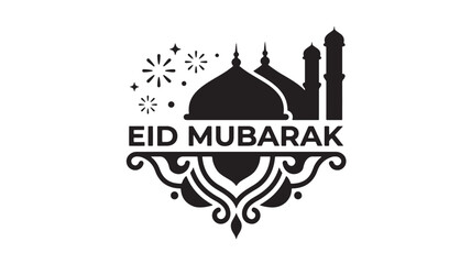 Eid Mubarak mosque emblem with Arabic lettering, lantern flame details, and decorative sparkle accents for festive greeting design © Davids