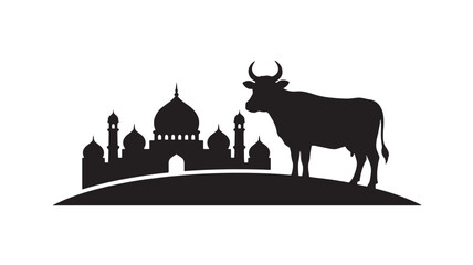 Cow silhouette standing in front of mosque with domes and minarets featuring architecture, Islamic, building with animal and bull elements for © Davids