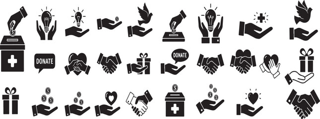 Obraz premium Black and white vector icons depicting various charitable giving concepts and donation symbols on white background