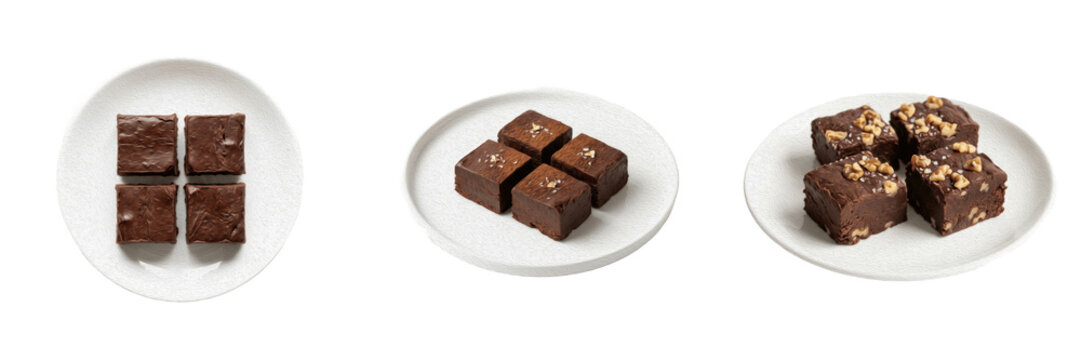 Set and collection of four chocolate brownie square pieces on plate isolated on white background