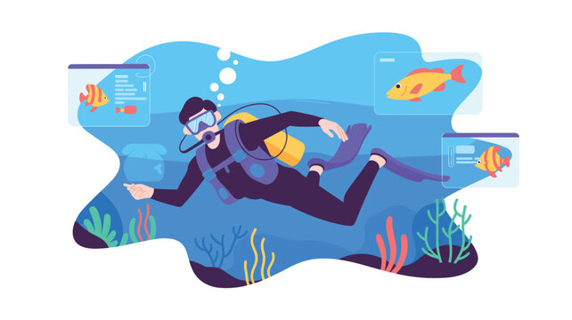 A scuba diver swims through deep blue water while interacting with digital informational pop-up windows that provide data about various tropical fish species in the area.
