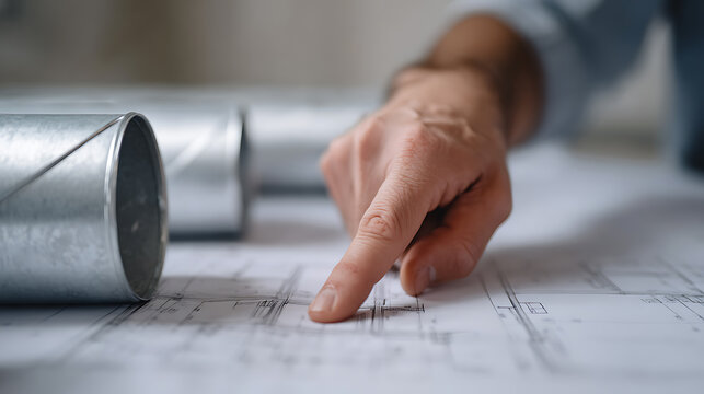 Professional worker hand point architect blueprints project plan commercial construction site metal ventilation pipes on desk analysis engineer document paper sheet workflow