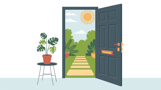 An open doorway frames a vibrant sunlit garden path with lush greenery while a potted monstera plant sits on a metal stand in the foreground.