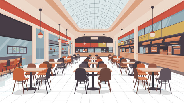 A wide shot of a modern food court with a high glass roof and multiple dining counters features numerous tables arranged in a flat artistic illustration style.