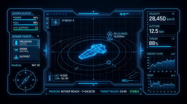 HUD monitor shows detailed sector mapping and target identification parameters for an interstellar vessel navigating through uncharted space quadrants with active sensor arrays and life support.