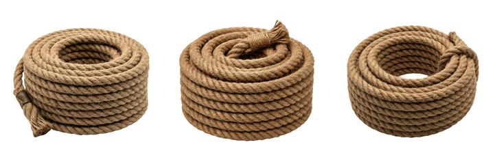 Set and collection of long thick brown hemp rope coil isolated on white background © masterpeace
