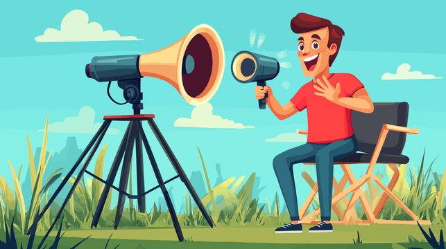 Animated man excitedly making announcement with megaphone outdoors