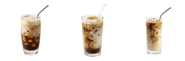 Set and collection of glass cup of iced coffee with straw isolated on white background © masterpeace