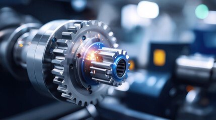 Fototapeta premium A precision-engineered metallic gear glows with electric blue light inside a high-tech industrial facility.
