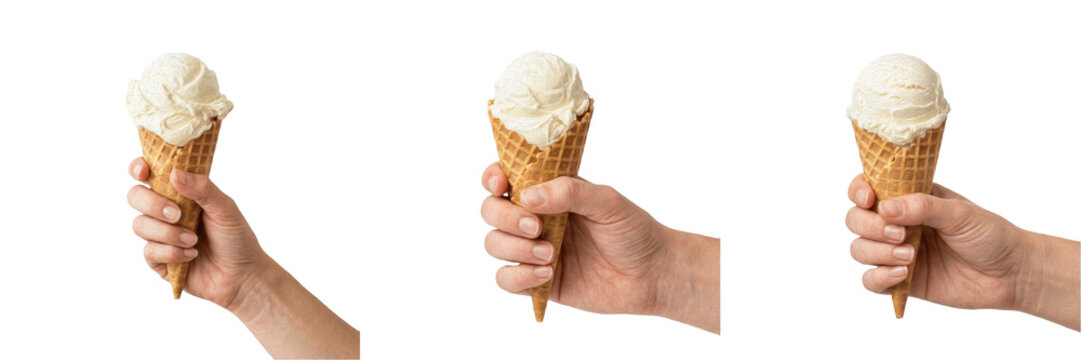 Set and collection of hand holding a waffle ice cream cone isolated on white background